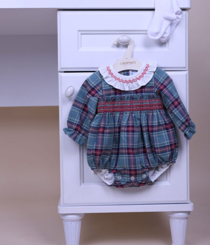green & red smocked romper